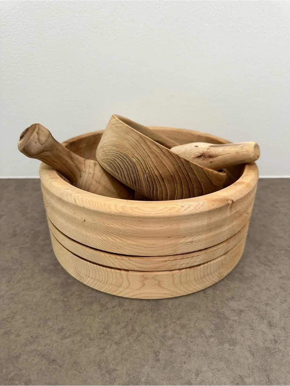 Set of 2 Natural Wood Mortar and Pestle Sets Light Wood Natural Grain Primitive